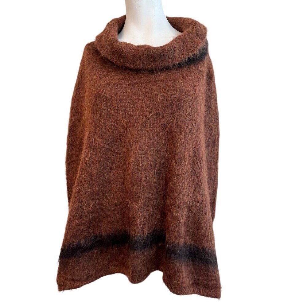 Italian Ladies Medium Cowl Neck Mohair Wool Poncho Pull On Brown Sweater Coat